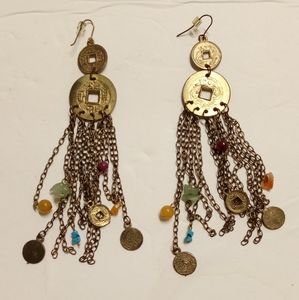 Vintage China Coins Earrings Brass Gemstones, Chains, Dangling 5"